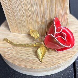 VINTAGE ESTATE 3 1/2" Red Rose KAREW Gold Tone Enamel
